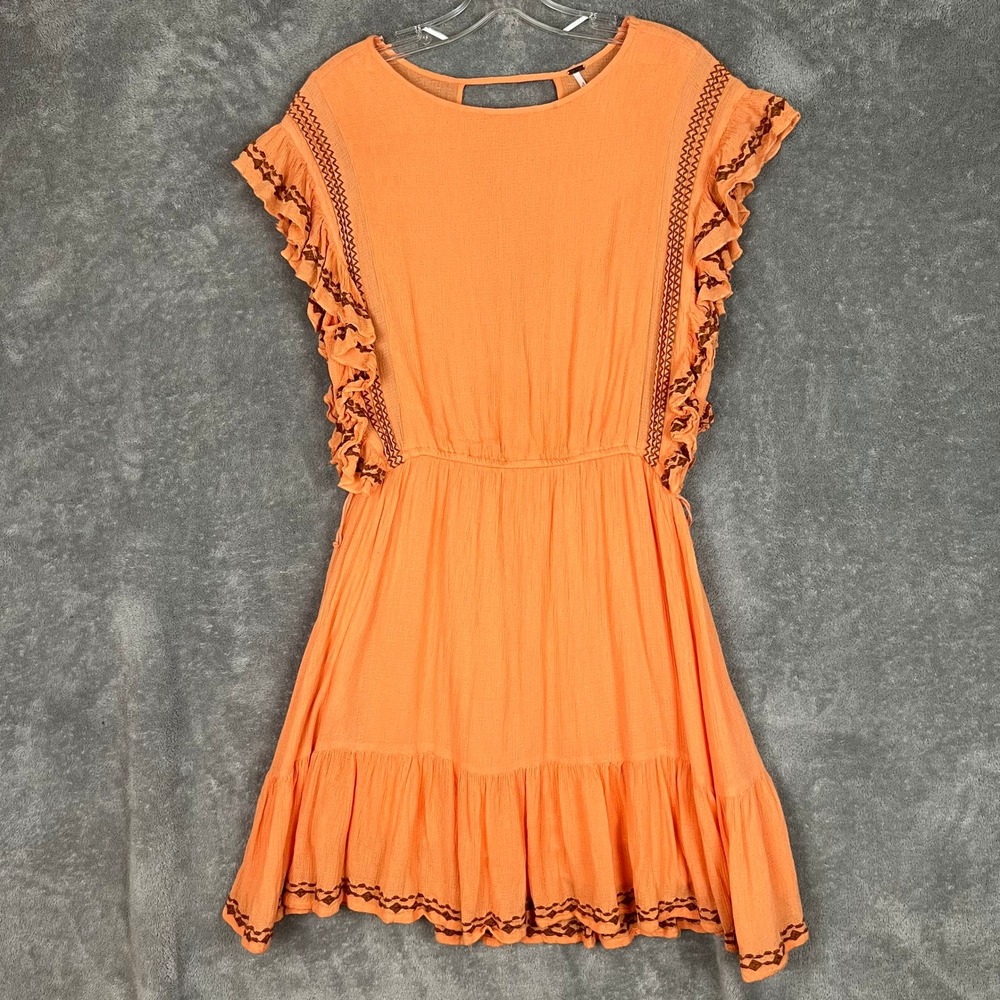 Free People Weekend Brunch Mini Dress Womens M Orange Embroidered Boho